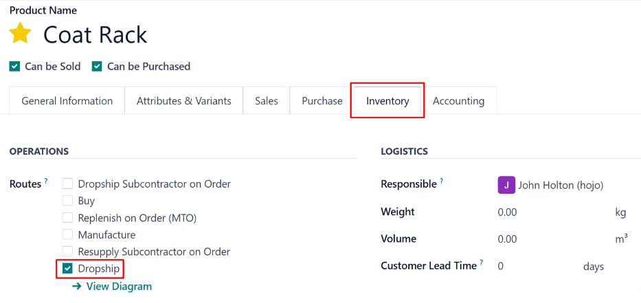 Habilitar la opción Triangular en la pestaña de inventario del producto.