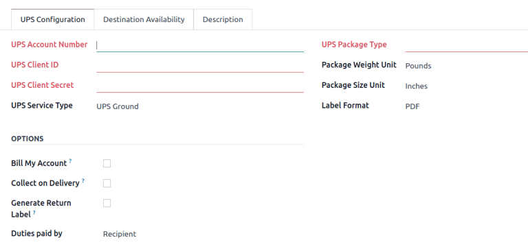 Visualización de la pestaña "Configuración de UPS" en el formulario de métodos de envío.