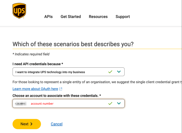 Visualización del formulario para completar el número de cuenta de UPS.