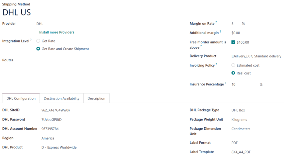 The form for a DHL shipping method.