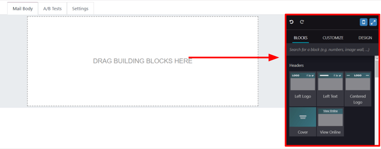 Vista de los bloques de creación en la pestaña Cuerpo del correo en la aplicación Marketing por correo electrónico de Odoo.