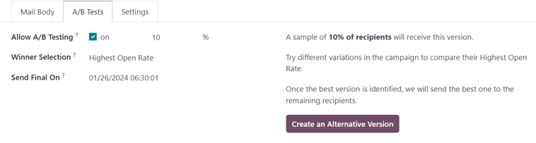 Visualización de la pestaña Pruebas A/B en la aplicación Marketing por correo electrónico de Odoo.