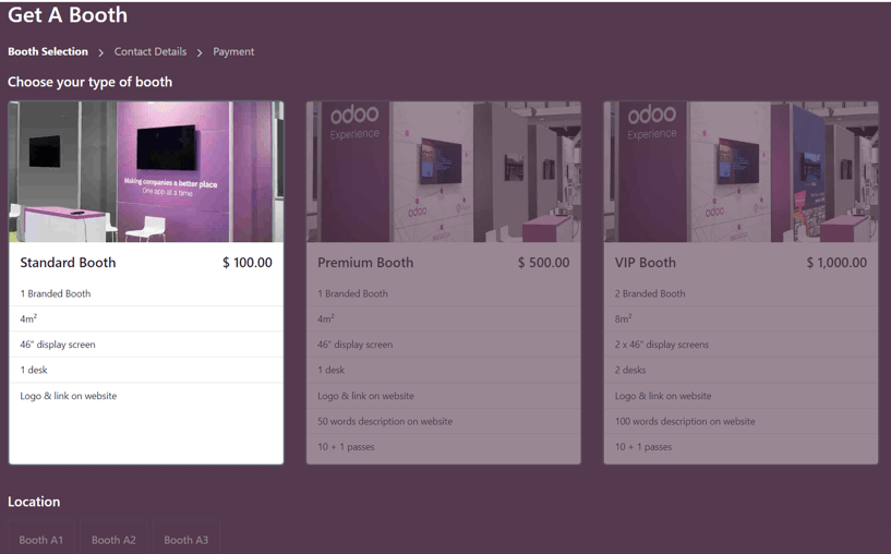 Una página común para adquirir un estand en el sitio web del evento en la aplicación Eventos de Odoo.