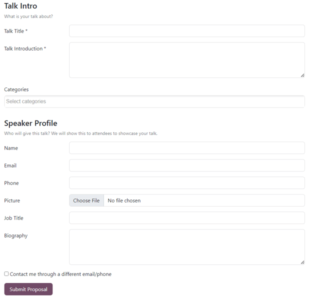 La página Propuestas de plática en el sitio web de un evento creado con la aplicación Eventos de Odoo. 