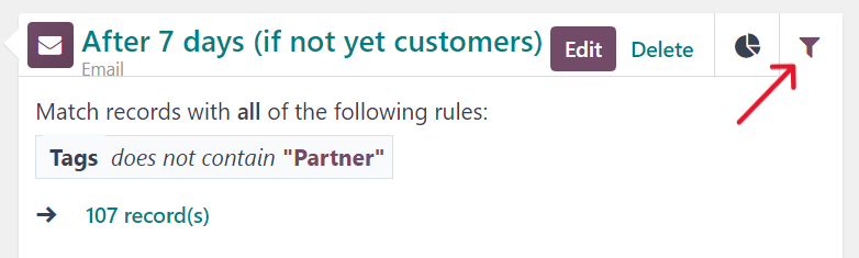 Aspecto de la pestaña de filtro de actividades de la campaña en Automatización de marketing en Odoo. 