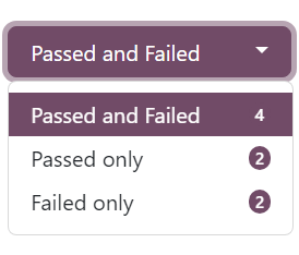 El menú desplegable "Aprobadas y no aprobadas" en la página "Ver resultados" en la aplicación Encuestas de Odoo.