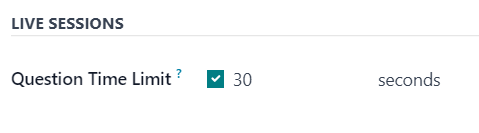 La opción de límite de tiempo de preguntas para la sesión en vivo en la aplicación Encuestas de Odoo.