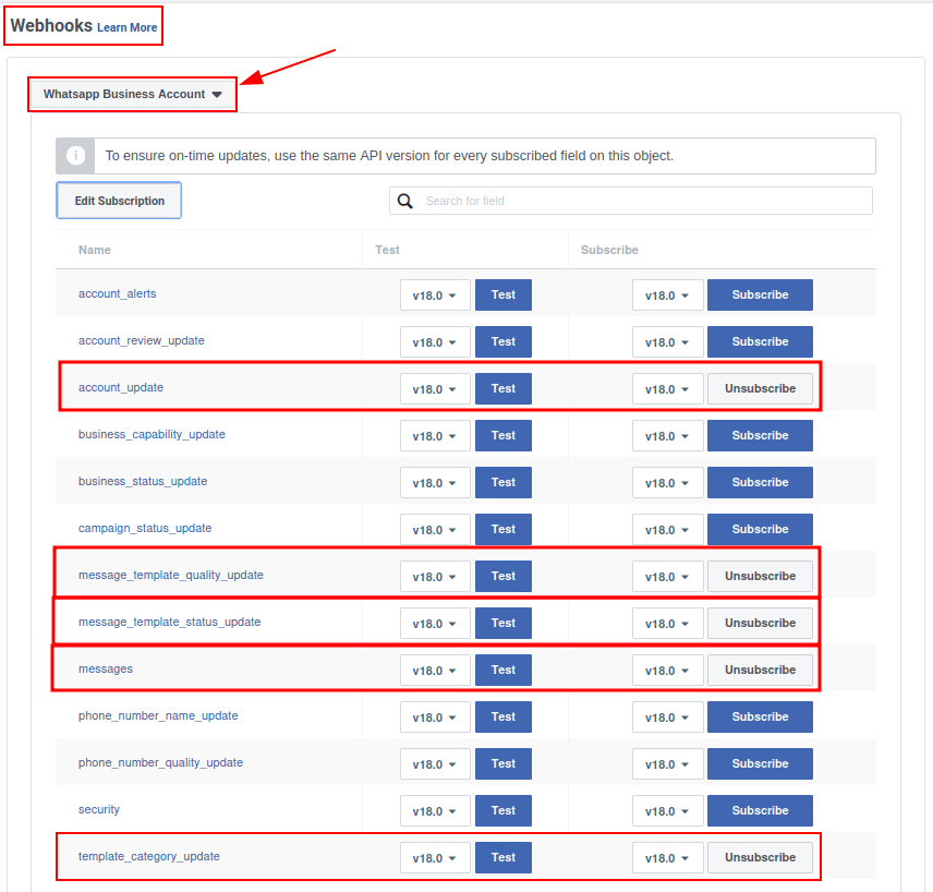 Webhooks de WhatsApp configurados en la consola de desarrollador de Meta.