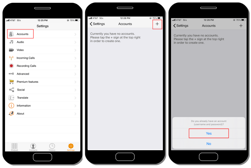 Configuración de la cuenta de Zoiper. La vista que aparece corresponde a un dispositivo móvil.