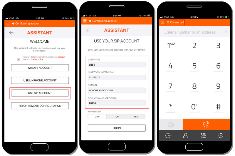 Configuración de la cuenta de Linphone y un registro exitoso.