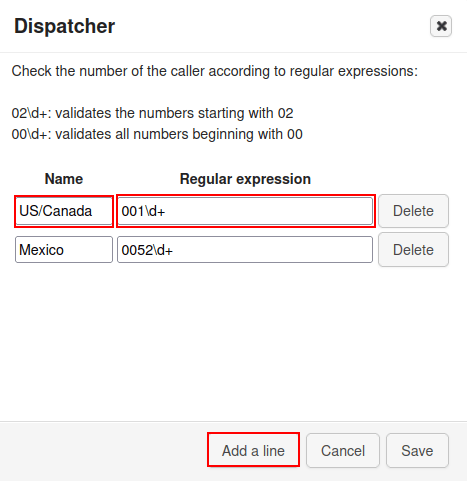 Panel de configuración del operador, con el nombre, la expresión regular y añadir una línea resaltados.