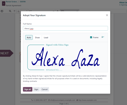 La ventana emergente Adoptar su firma que aparece en la aplicación Alquiler de Odoo.