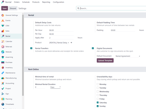 Visualización de la apariencia de la página de ajustes en la aplicación Alquiler de Odoo.