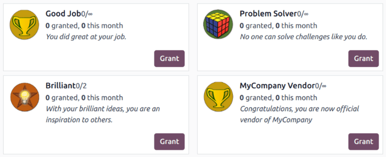 Vista de la página de insignias en Odoo.