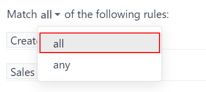Imagen de la opción para coincidir todas las reglas en la ventana emergente para agregar un filtro personalizado.