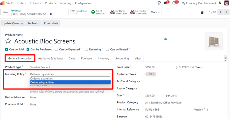 Cómo cambiar la política de facturación en un formulario de producto en la aplicación Ventas de Odoo.