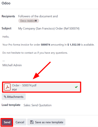 La ventana emergente para redactar un correo electrónico que aparece con la factura proforma adjunta en la aplicación Ventas de Odoo.