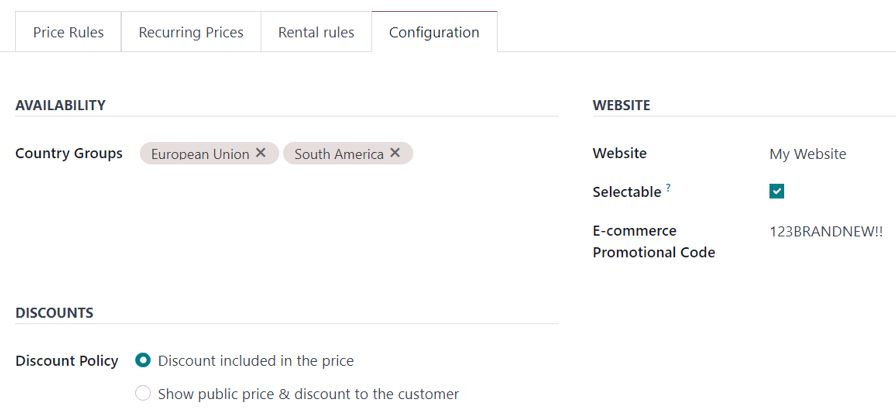 La pestaña de configuración en el formulario de detalles de la lista de precios en la aplicación Ventas de Odoo.