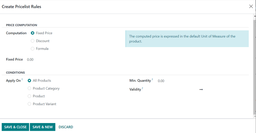 Aspecto de la ventana emergente del formulario emergente para crear reglas para las listas de precio en Ventas de Odoo. 