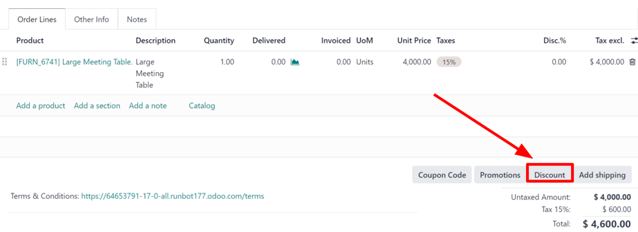 El botón de descuento ubicado en la parte inferior de un formulario de orden de venta en la aplicación Ventas de Odoo.