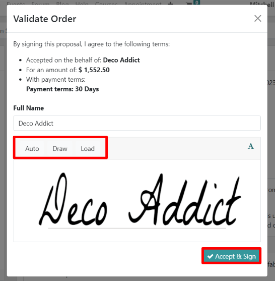 La ventana emergente para Validar la orden para firmas en línea en Ventas de Odoo.