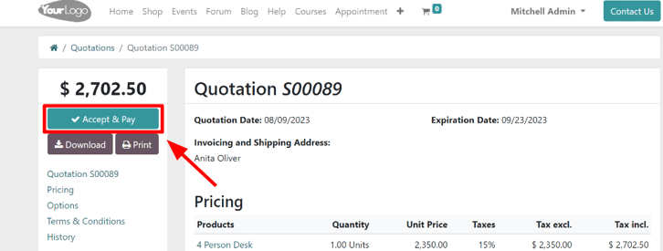 El botón Aceptar y pagar en una cotización en línea en la aplicación Ventas de Odoo. 