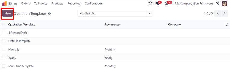 Página de plantillas de cotización en la aplicación Ventas de Odoo.