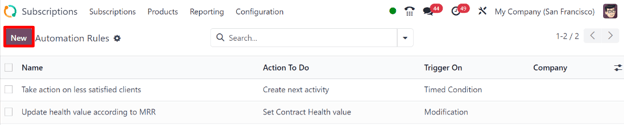 La página de Reglas de automatización en la aplicación Suscripciones de Odoo.