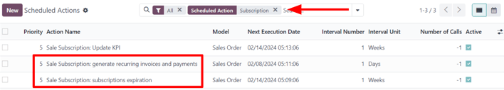 Los resultados relacionados a las suscripciones en la página de acciones programadas en los ajustes de Odoo.