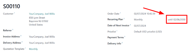 La fecha de vencimiento en una orden de venta de suscripción en la aplicación Suscripciones de Odoo.