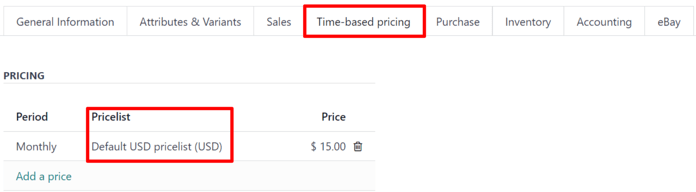 Listas de precios en la pestaña "Precios basados en tiempo". 