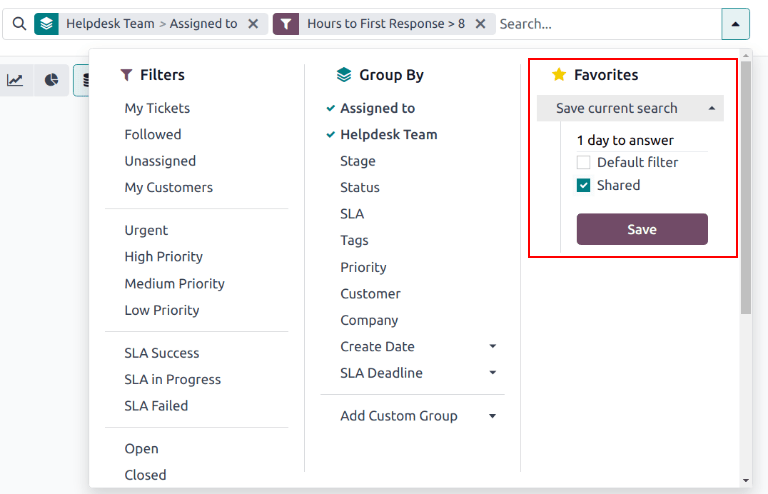 Vista de la opción guardar favoritos en la aplicación Soporte al cliente de Odoo.