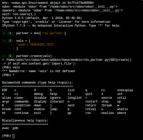 Capture d'écran d'une console montrant ``pdb`` qui fonctionne dans un shell Odoo.sh.