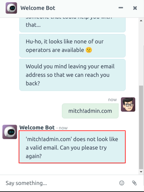 Vue d'un chatbot répondant à un email invalide.