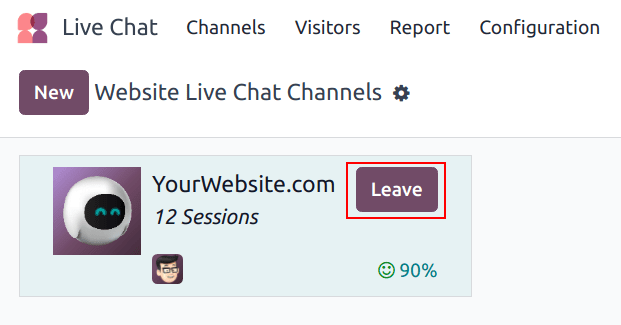 Vue d'un formulaire de canal et de l'option de rejoindre un canal pour Odoo Live Chat.