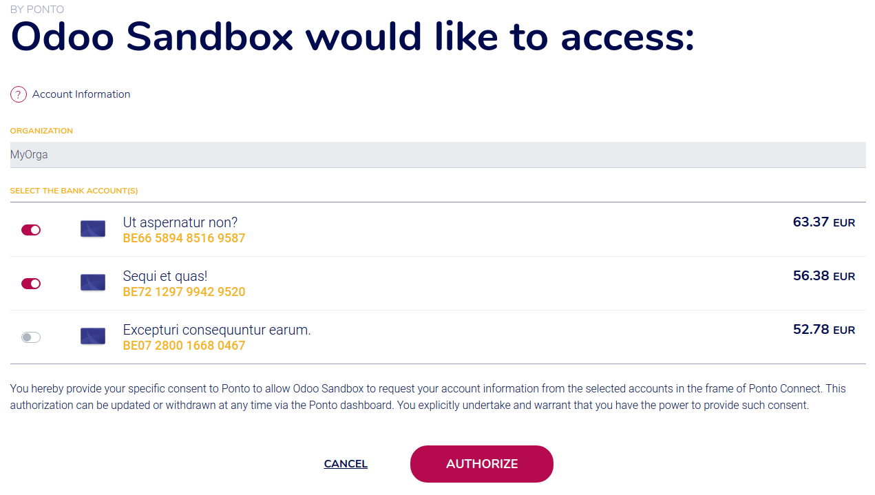 Sélection des comptes que vous souhaitez synchroniser avec Odoo.