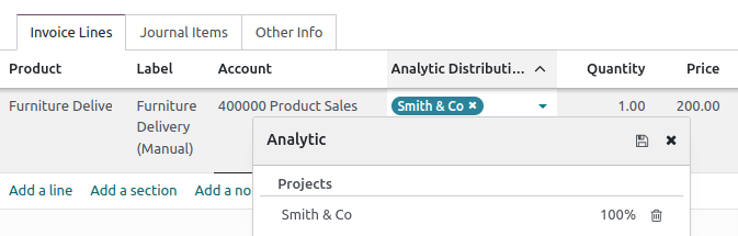 Ajoutez des comptes analytiques à une nouvelle facture client ou fournisseur.