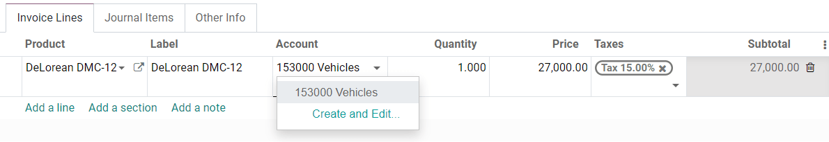 Sélection d'un Compte d'actifs sur une facture fournisseur brouillon dans Odoo Comptabilité