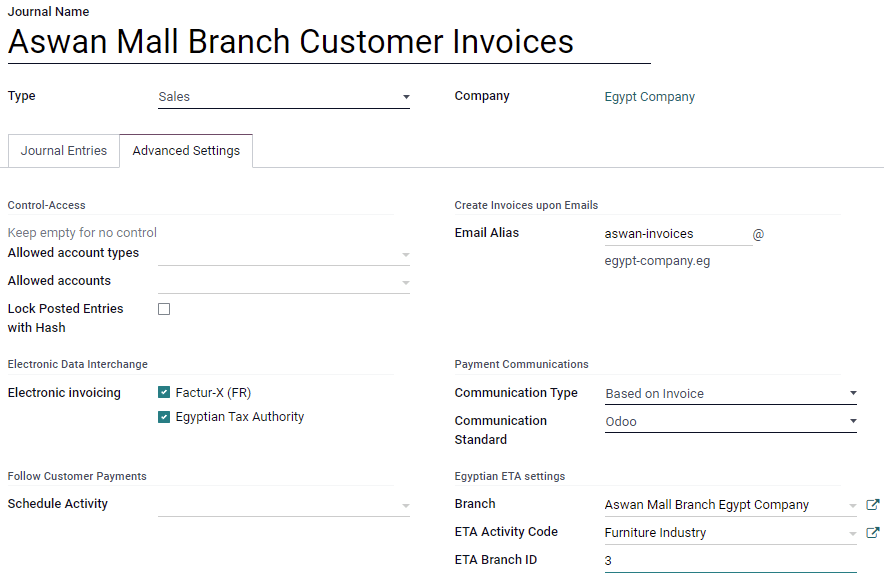 Configuration d'un journal des ventes d'une branche d'une entreprise égyptienne