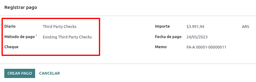 Fenêtre contextuelle de paiement avec les options de Chèques de tiers existants activées.