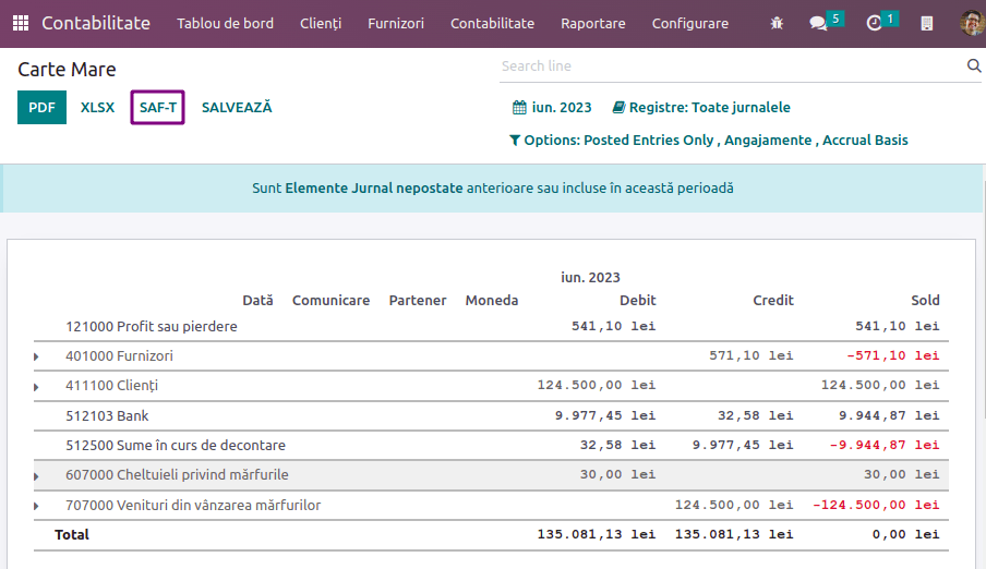 Cliquez sur le bouton 'SAF-T' pour exporter la déclaration D.406 en XML.