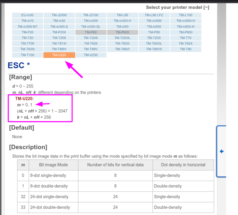 Spécifications de l'imprimante Epson TM-U220 sur le site web du fabricant.