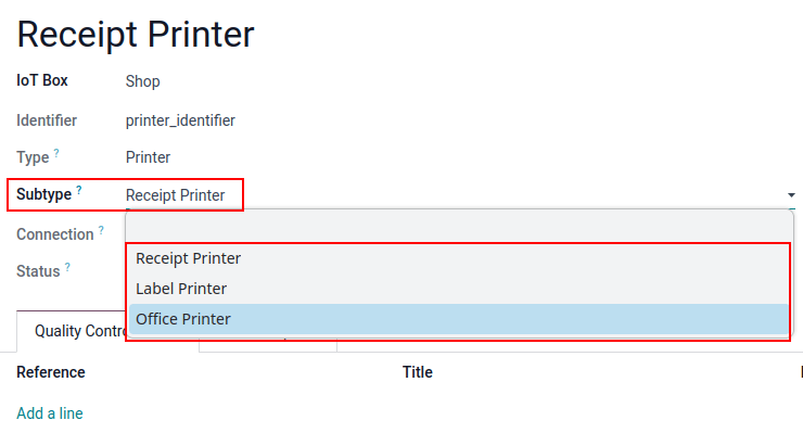 Sub-type selection in a printer IoT device.