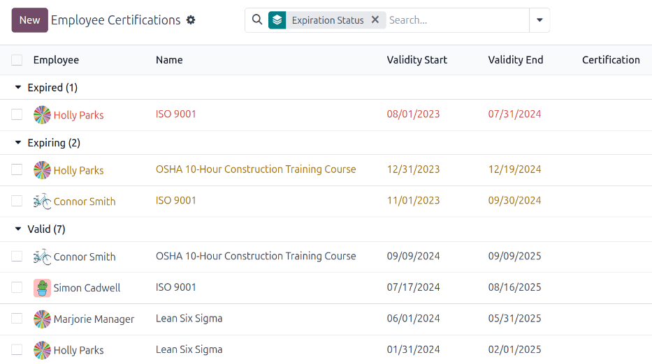 The list of employee certifications, grouped by status.