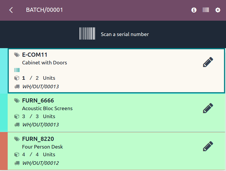 Afficher les produits à transférer dans la vue Code-barres.