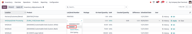 Show how to assign lot numbers on the Inventory Adjustment page.