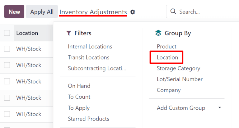 Filters and Group By menu on Inventory Adjustments page.