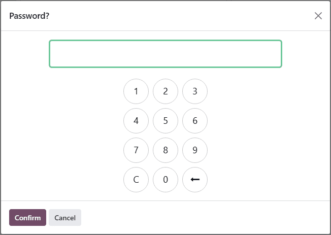 The "Password?" pop-up window, which is used to enter an operator PIN code.