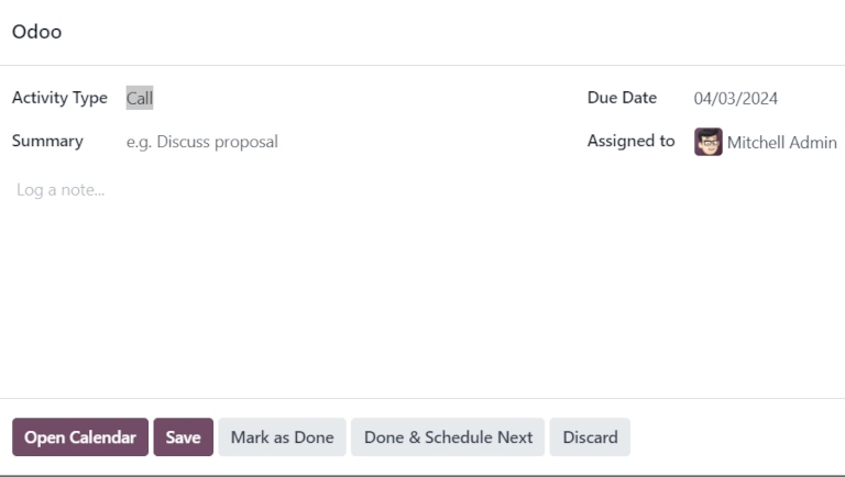 Odoo pop-up schedule activity window.