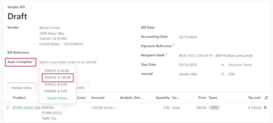 Liste déroulante de saisie automatique sur une facture fournisseur brouillon.